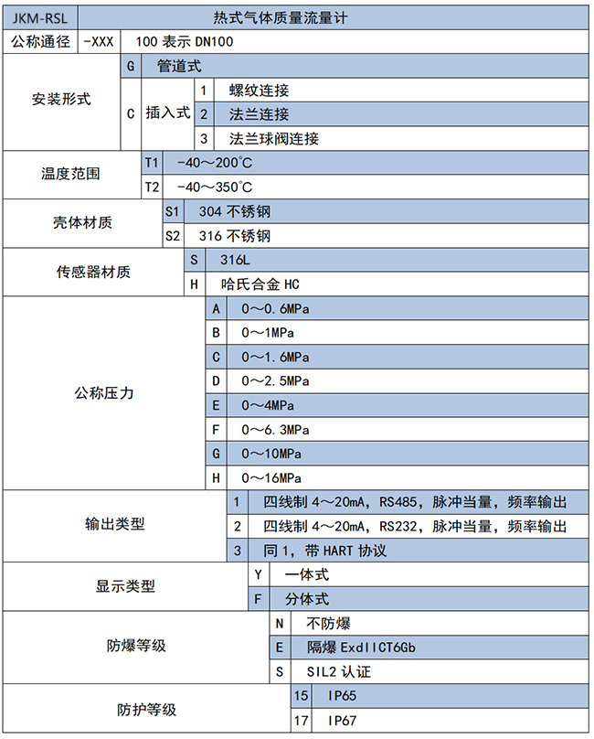 DN32熱式氣體質(zhì)量流量計(jì)選項(xiàng)表